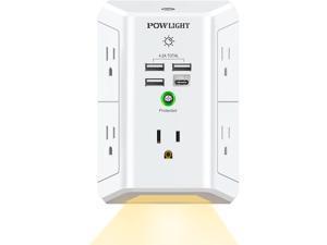 Outlet Extender with Night Light, USB Wall Charger, 5-Outlet Surge Protector Power Strip with 4 USB Ports, 1680 Joules Multi Plug Outlet with Spaced Outlets for Home, Office, White
