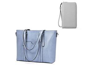BROMEN Women Briefcase 156 inch Laptop Tote Bag Oil Wax Blue and Women Wallets Grey Bundle