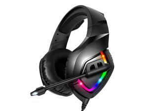 Stereo Gaming Headset for PS4 PC Xbox One PS5 Controller, Noise Cancelling Over Ear Headphones with Mic, LED Light, Bass Surround, Soft Memory Earmuffs for Laptop Mac Nintendo NES Games