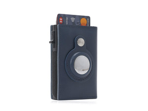 For Airtag Wallet Case Genuine Leather Credit Card Holder Magnetic Air Tag Cover - Blue