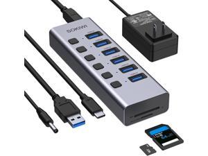 Powered USB Hub 3.0, 6 Ports USB Hub with SD/TF Card Reader Port, Individual On/Off Switches and 5V/4A AC Adapter, Aluminum 8 Port Data Hub USB Extension for Laptops