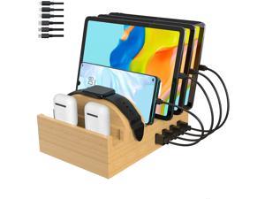 Bamboo Charging Station for Multiple Devices, Alltripal Wood Desktop Docking Station 7-Port Multi-Charger Organizer Fast USB Charger Compatible with Iphone, Ipad, Airpods, Iwatch, Cell Phone, Tablet