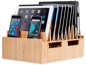 Mobilevision Bamboo 10-Port Charging Station & Docking Organizer for Smartphones & Tablets, Family-Sized, for Use in Corporate Offices & Classrooms