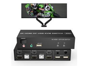 Dual Monitor KVM Switch DisplayPort HDMI 4K@60Hz 2 in 2 Out KVM Switch 2 Monitors 2 Computers,3 USB 2.0 and Audio Microphone Output 2 USB Cables and 1 Controller