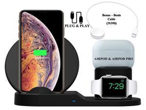 Stimula Lifestyle 3 in 1 Wireless Smartphone Ultra Fast Apple Watch Airpods  Airpods Pro iPhone 11 12 13 Samsung Charger Stand 10W Black