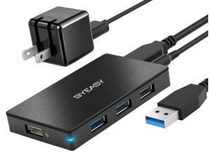 BYEASY Universal Powered USB Hub, Aluminum 3 Ports USB 3.0 Hub and 1 USB Smart Charging Port with Power Adapter, Slim USB Splitter for iMac Pro, MacBook Air/Mini, PS5, Surface Pro, Notebook PC, HDD