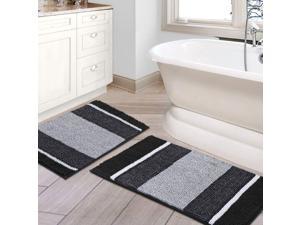 H.VERSAILTEX Striped Bath Rug Set Non Slip Bathroom Mat Chenille Water Absorbent Shaggy Mat for Kitchen, 20" x 32" Plus 17" x 24", Black