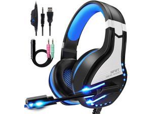 NPET HS10 Stereo Gaming Headset for PS4 PC Xbox One Controller Noise Cancelling OverEar Headphones with Mic Soft Memory Earmuffs LED Backlit Volume Control Blue