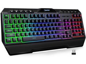 NPET K32 Wireless Gaming Keyboard RGB with Wrist Rest - Long-Lasting Rechargeable Battery - Quick and Quiet Typing - Water Resistant Backlit Wireless Keyboard for PC PS5 PS4 Xbox One Mac - Black