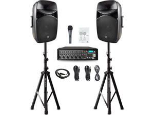PRORECK MX15 15inch 2500W Bluetooth Powered PA System Mixer/Amp with Stands/Mic Effect Controller 48V Phantom Power, Audio Interface