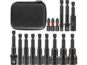 15PCS Impact Rated Magnetic SAE Nut Driver Set with Socket Adapter and Phillips Screwdriver Drill Bits,Extension Bit Holder 1/4" Quick Change Hex Shank for Cordless Impact Drive Nuts Or Bolts