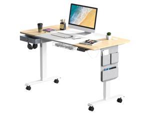 Maidesite M2 Standing Desk Adjustable Height, 48 x 24 Inch Stand Up Desk, Electric Sit Stand Desk with Caster Wheels, Drawer and Cable Management Tray for Home Office, Oak + White Desktop