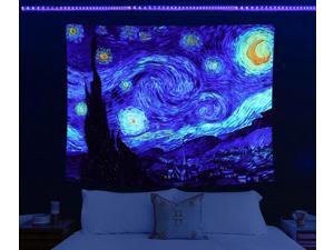 Blacklight Tapestry Starry Night by Van Gogh Wall Art Decor for Bedroom Aesthetic, Abstract Hippie Trippy Wall Hanging UV Reactive Fabric Poster for Living Room Dorm Décor