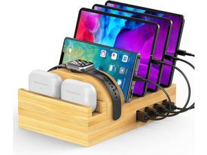 Bamboo Charging Station for Multiple Devices Alltripal Wood Desktop Docking Station 7Port MultiCharger Organizer Fast USB Charger Compatible with iPhone iPad AirPods iWatch Cell Phone Tablet