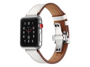 Wsirak Silver Butterfly Clasp Strap Belt Genuine Leather loop band for Apple Watch Series 1 2 3 4 5 6 7 8 SE 38mm 40mm 41mm 42mm 44mm 45mm 49mm Watch Band 42  44  45  49 mm White