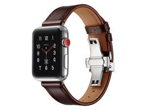 Wsirak Silver Butterfly Clasp Strap Belt Genuine Leather loop band for Apple Watch Series 1 2 3 4 5 6 7 8 SE 38mm 40mm 41mm 42mm 44mm 45mm 49mm Watch Band 42  44  45  49 mm Dark Brown