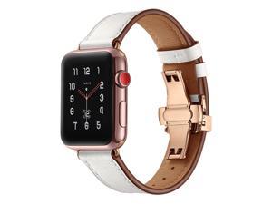 Wsirak Rose Gold Butterfly Clasp Strap Belt Genuine Leather loop band for Apple Watch Series 1 2 3 4 5 6 7 8 SE 38mm 40mm 41mm 42mm 44mm 45mm 49mm Watch Band 38  40  41 mm White