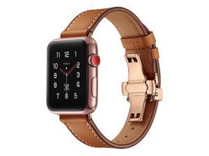 Wsirak Rose Gold Butterfly Clasp Strap Belt Genuine Leather loop band for Apple Watch Series 1 2 3 4 5 6 7 8 SE 38mm 40mm 41mm 42mm 44mm 45mm 49mm Watch Band 42  44  45  49 mm Brown