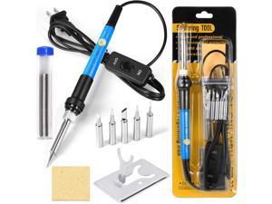 Soldering Iron Kit, [Upgraded] 60W Adjustable Temperature Welding Tool with ON-Off Switch, 9-in-1 Soldering Kits, 5pcs Soldering Iron Tips, Solder Wire, Y Type Soldering Iron Stand (Light Blue)