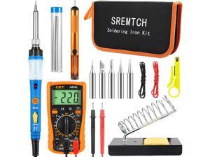 Soldering Iron Kit with ON/OFF Switch, 60W 110V Adjustable Temperature Welding Tool with Digital Multimeter,Soldering Tips,Desoldering Pump,Solder Wire,Tweezers,Stand,Wire Stripper Cut(Blue)