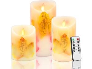 Goldprice LED Candle Lights, 3 PCS Flameless Candles Light Warm White Real Wax Battery Operated Electric LED Moving Wick Flickering Maple Leaf Candle Lights with Remote Timer for Decoration Wedding