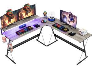 65 Inch L Shaped Computer Desk Corner Gaming Desk with Led Lights RGB Gamer Desk with Cup Holder Headset Hook Home Office Desk 22 LED Modes, Gray