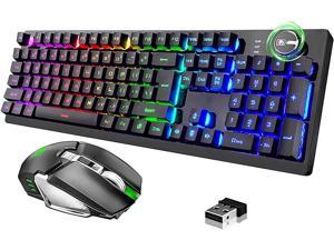 Zhhcyyds Wireless Rechargeable Keyboard and Mouse Combo,2.4G Full-Size Mechanical Feel Rainbow Backlit Gaming Keyboards with 7-Key 2400DPl Mice for PC Laptop Computer Gamer (Black&RGB Light)