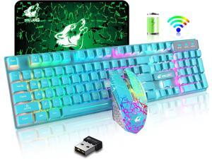 Zhhcyyds Wieless Gaming Keyboard and Mouse Combo Rainbow Backlight Quiet Ergonomic Mechanical Feeling Anti-ghosting Keyboard Mouse with Rechargeable 4000mAh Battery Mouse Pad for Computer Gamer(Blue)
