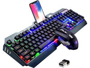 Zhhcyyds Wireless Gaming Keyboard and Mouse,Rainbow Backlit Rechargeable Keyboard with 3800mAh Battery Metal Panel,Mechanical Feel Keyboard and 7 Color Mute Gaming Mouse for Computer Black Colorful