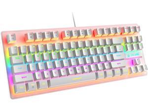 Zhhcyyds K2 Mechanical Gaming Keyboard, Wired Mini 87 Keys Blue Switch Mechanical Compact Keyboard with 8 Rainbow Backlit Mode,12 Multimedia Button, 29 Keys Anti-ghosting for Gamers and Typists White