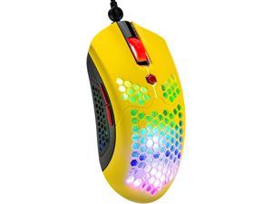 Zhhcyyds M5 RGB Lightweight Wired Gaming Mouse with 12000 DPI 6 Programmed Buttons,65G Honeycomb Shell,Ultralight Ultraweave Cable,Pixart 3325 Optical Sensor Gamer Mice for Laptop PC Mac Yellow