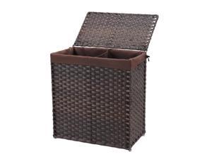 Divided Laundry Hamper,  Synthetic Rattan Handwoven Clothes Laundry Basket with Lid and Handles, Foldable, Removable Liner Bag, Brown
