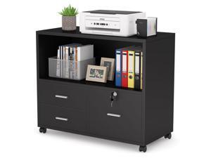 Tribesigns 3 Drawer File Cabinet with Lock, Mobile Lateral Filing Cabinet with Rolling Wheels, Large Printer Stand with Open Storage Shelves for Home Office Black