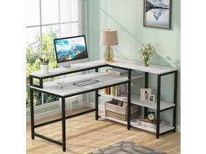 Tribesigns Reversible L Shaped Computer Desk with Storage Shelf, Industrial 55 Inch Corner Desk with Shelves and Monitor Stand White