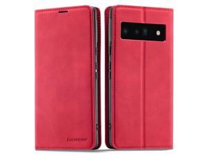 Case for Google Pixel 6 5G 64 inch Premium PU Leather Cover with Card Holder Kickstand Shockproof Flip Wallet Cover Red