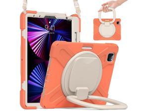 Case for iPad Pro 11 inch 2022 2021 2020 2018/ iPad Air 4 / Air 5 10.9 Inch, 360° Rotating Kickstand Shockproof Cover with Built-in Stand & Shoulder Strap & Pencil Holder Orange