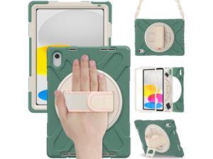 iPad 10th Generation Case 2022 10.9 Inch Model A2696 A2757 A2777 Shockproof Cover with Pencil Holder Stand Hand Strap Shoulder Belt Dark Green