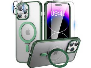 For iPhone 13 Pro Max 67 inch Case with Magnetic Invisible Stand Compatible with Magsafe Shockproof Slim Translucent Matte Cover Tempered Glass Screen Protector  Camera Lens Protector Green