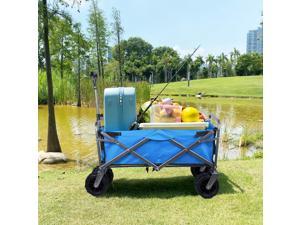 Folding Outdoor Utility Wagon Collapsible Camping Beach Cart with Universal Wide Wheels and Adjustable Handle Blue