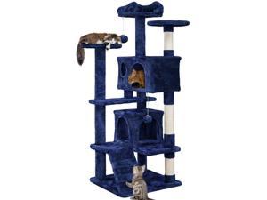 Easyfashion 54" H Cat Tree Tower with 2 Condos for Small and Medium Cats, Navy Blue