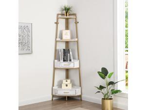 72.64" H x 17.72" W Corner 4-tier Industrial Bookcase with Two Drawers,Gold