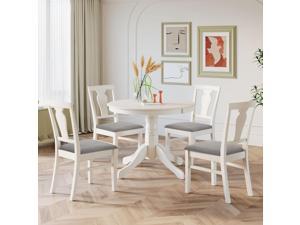 Wood 5-Piece Dining Table Set,Round Kitchen Set with 4 Upholstered Dining Chairs for Small Places,White