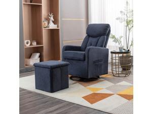 Cotton Linen Fabric Material Swivel Rocking Accent Leisure Chair With Folding Or Storage Ottoman Footrest,Dark Blue