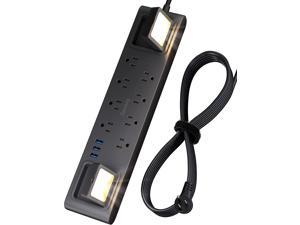 SUPERDANNY Surge Protector Power Strip with 8 Outlets 3 USB Ports 2 Worklights 6.5 Ft Heavy Duty Extension Cord 1875W/15A, Flat Plug Outlet Extender for Workshop Garage Home Office, Wall Mount Black