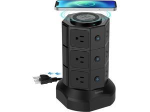 SUPERDANNY Power Strip Tower with 15W Magnetic Wireless Charger 1050J Surge Protector Tower 13A Charging Station with 12 AC Outlets & 6 USB Ports, 6.5ft Extension Cord for Home Office, Black