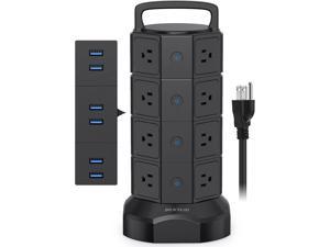 JACKYLED Power Strip Tower Surge Protector 16 AC Outlets 6 USB Ports Electric Charging Station 1050J Surge Electric Tower Outlet Extender 6.5ft Heavy Duty Extension Cord for Home Black
