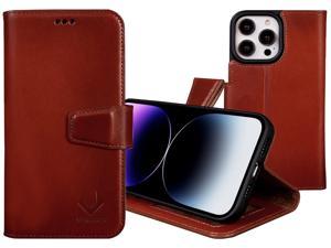 VENOULT iPhone 15 Pro MAX Leather Wallet Case 4 Card Holder Man or Women Genuine Leather Shock Proof TPU Frame Kick Stand ID Window Kick Stand Handmade Chestnut
