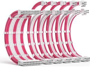 PSU Cable Extension Kit 30CM Length with Combs,1x24Pin/2x8Pin(4+4) EPS/3x8Pin(6P+2P) PCI-E/PC Sleeved for ATX Power Supply,(White & Pink)