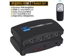 8K@60Hz HDMI 2.1 Switch,AUBEAMTO HDMI Switch 3 in 1 Out, 3-Port HDMI Switcher Selector, Supports 4K@120Hz, 1080P@240Hz, 1080P@120Hz for Fire Stick, HDTV, PS4/5, Game Consoles with Remote Control