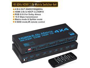 Web UI Control Downscaler 4K 1080P Synch Audio Extraction SPDIF 5.1CH AV Access HDMI Matrix Splitter Switch 4x4 4K@60Hz 4:4:4 HDR Dobly Vision CEC Power-Off Memory HDCP2.2 IR Remote API RS232 